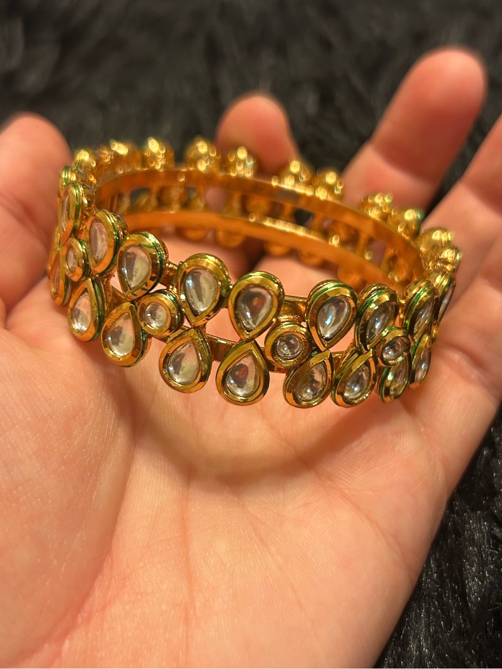 Gold Tone Kundan Style Hinged Bangle Bracelet Clear Teardrop Stones Green Enamel